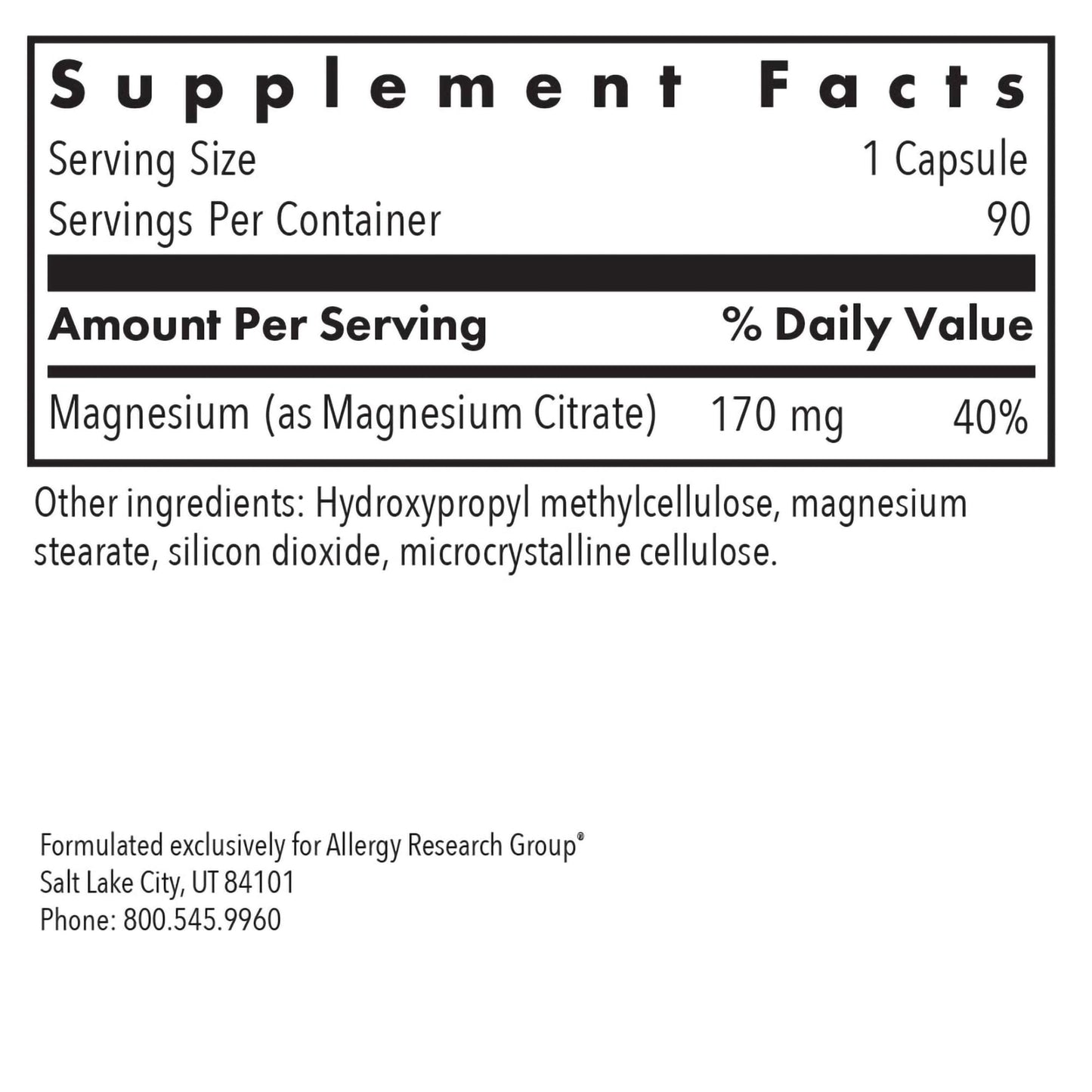 Allergy Research Group Magnesium Citrate Dietary Supplement - Bone & Stress Support, Vegetarian Capsules (90 Count)