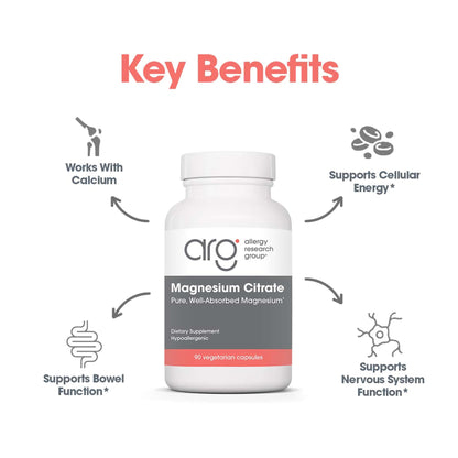 Allergy Research Group Magnesium Citrate Dietary Supplement - Bone & Stress Support, Vegetarian Capsules (90 Count)