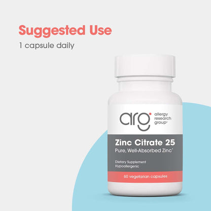 Zinc Citrate Supplement 25mg – Allergy Research Group | Immune Support, 60 Count