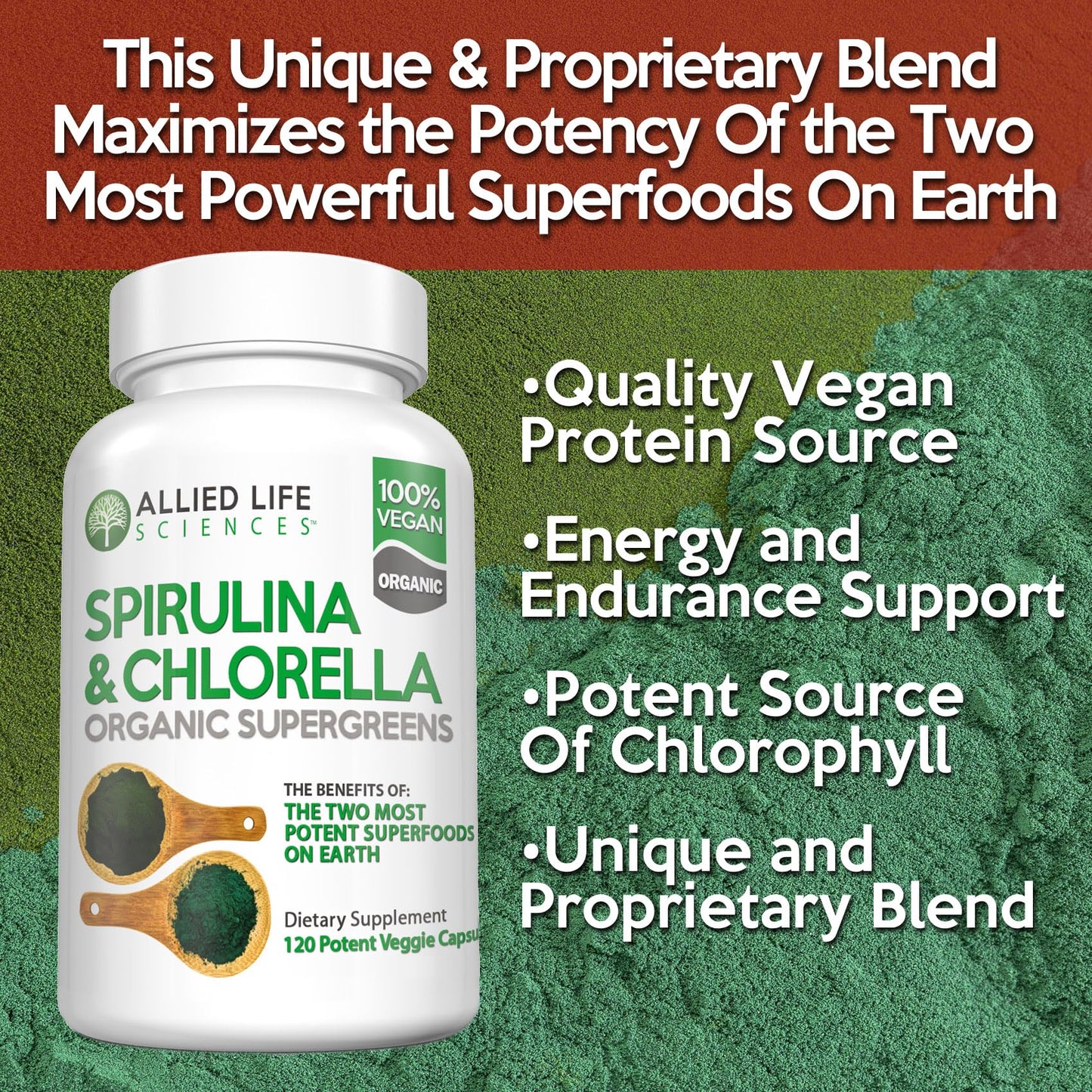 Allied Life Spirulina & Chlorella – Organic Green Superfood (120 Capsules)