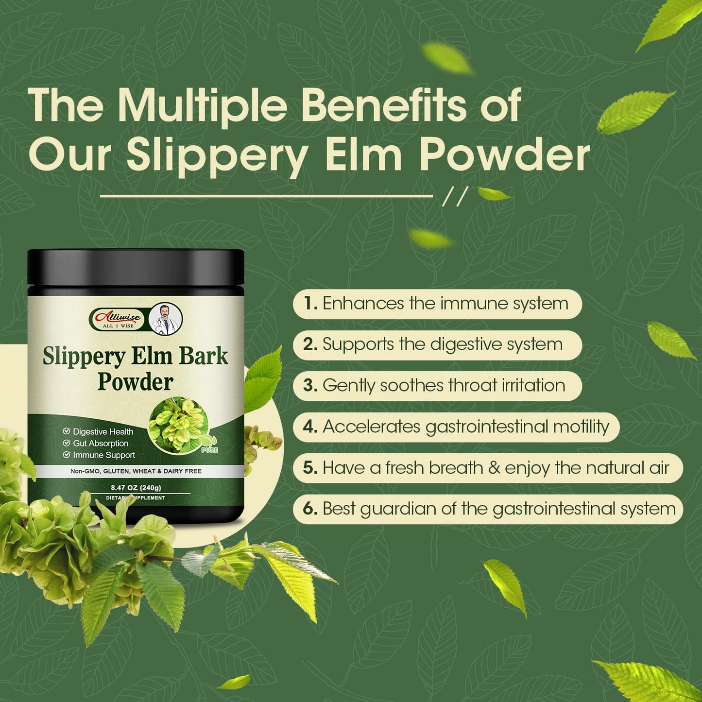 Alliwise Slippery Elm Bark Powder 240g | Digestive Support, Throat Soothing, Non-GMO, Gluten Free, Vegetarian Friendly