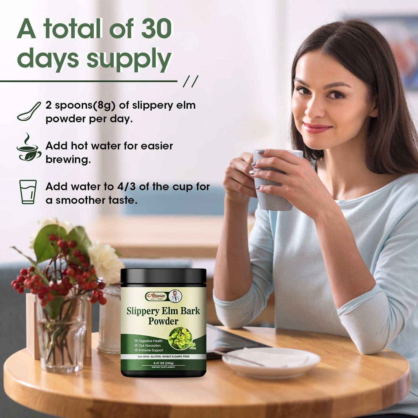 Alliwise Slippery Elm Bark Powder 240g | Digestive Support, Throat Soothing, Non-GMO, Gluten Free, Vegetarian Friendly