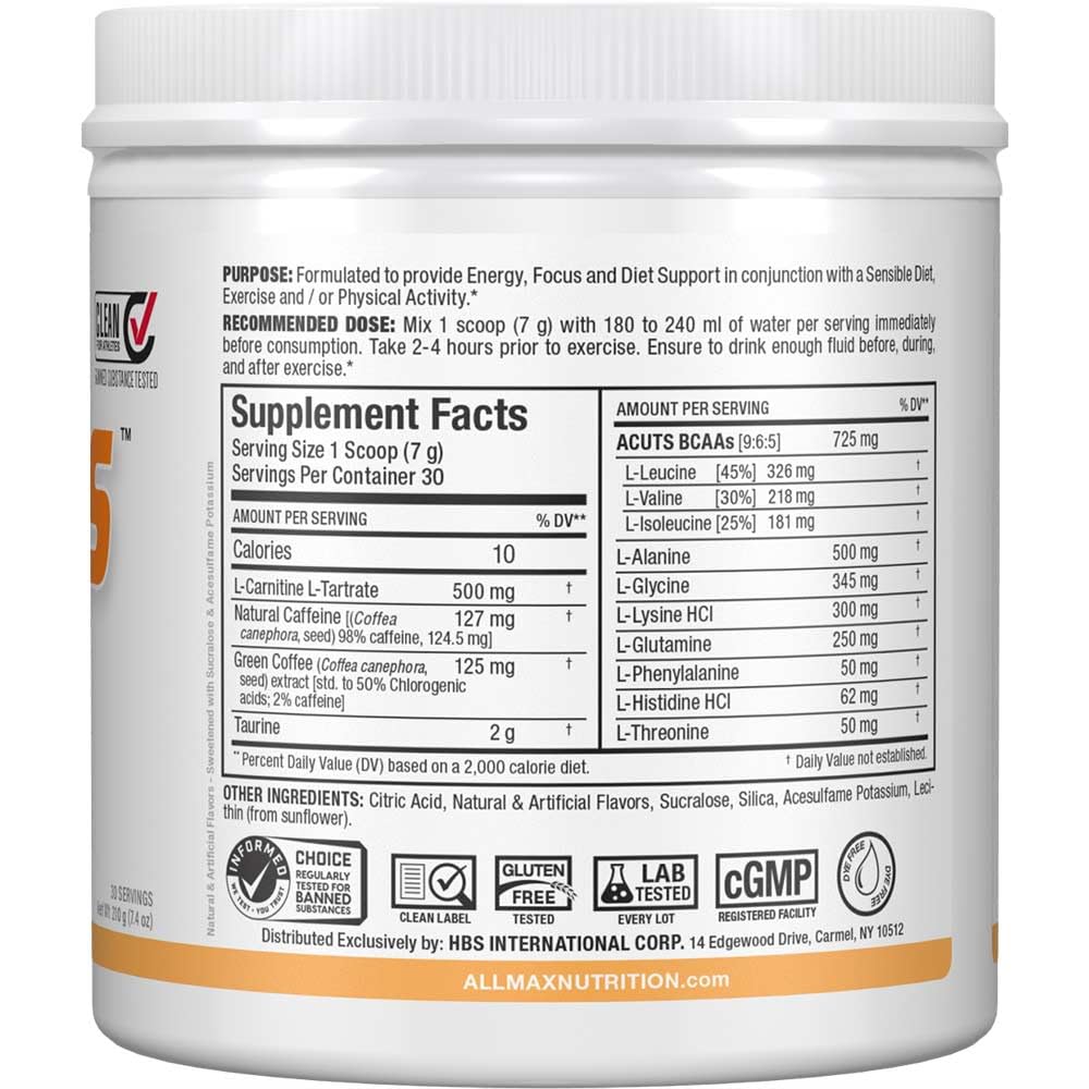 ALLMAX A:CUTS Amino-Charged Energy Drink Peach Mango – 210 g (30 Servings) | Caffeine, L-Carnitine & Taurine