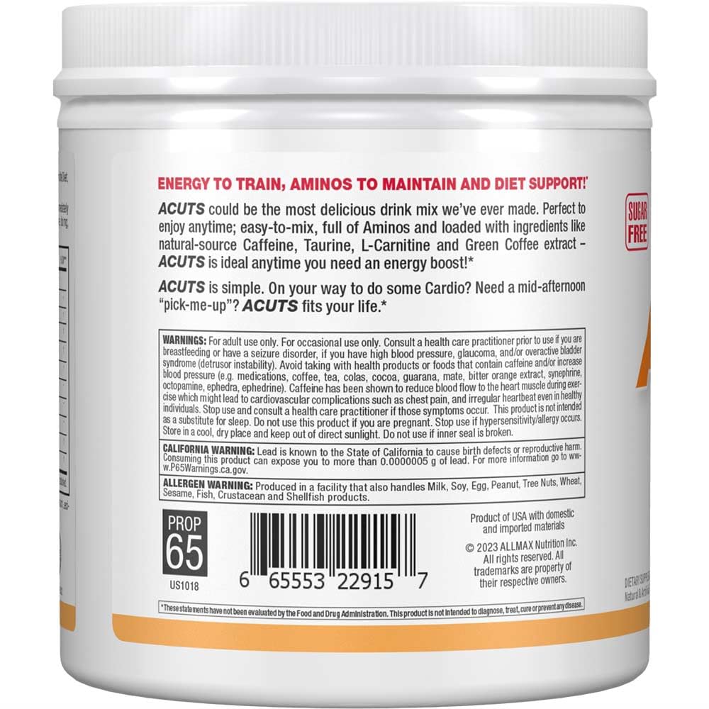 ALLMAX A:CUTS Amino-Charged Energy Drink Peach Mango – 210 g (30 Servings) | Caffeine, L-Carnitine & Taurine