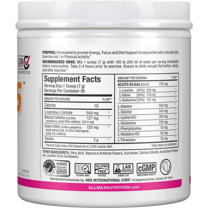 ALLMAX A:CUTS Amino-Charged Energy Drink Pink Lemonade | 210 g | 30 Servings | Sugar & Gluten Free