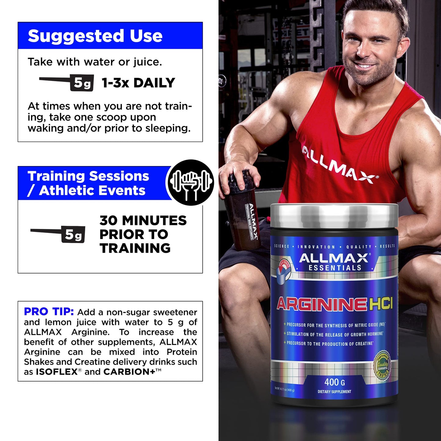ALLMAX Essentials Arginine HCL 400 g - Vegan & Gluten Free - 200 Servings
