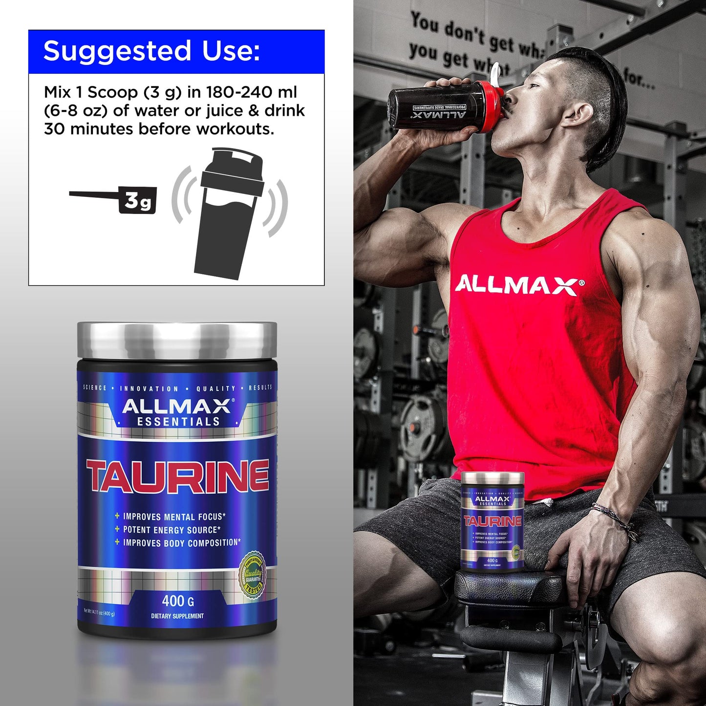 ALLMAX Essentials Taurine - 400 g Powder - Cell Volumizer - Focus & Energy - Vegan - 133 Servings