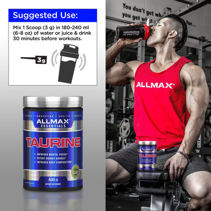ALLMAX Essentials Taurine - 400 g Powder - Cell Volumizer - Focus & Energy - Vegan - 133 Servings