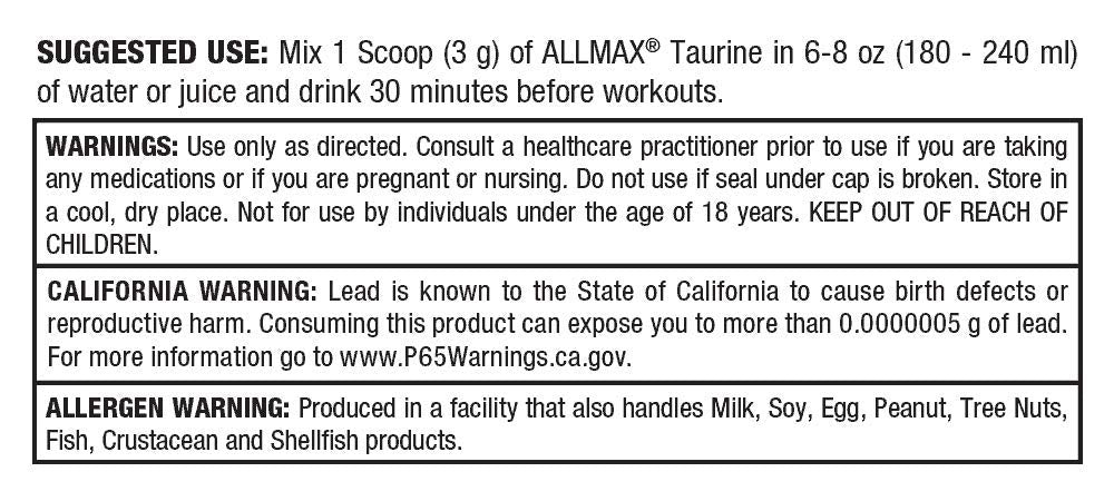 ALLMAX Essentials Taurine - 400 g Powder - Cell Volumizer - Focus & Energy - Vegan - 133 Servings