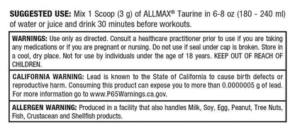 ALLMAX Essentials Taurine - 400 g Powder - Cell Volumizer - Focus & Energy - Vegan - 133 Servings