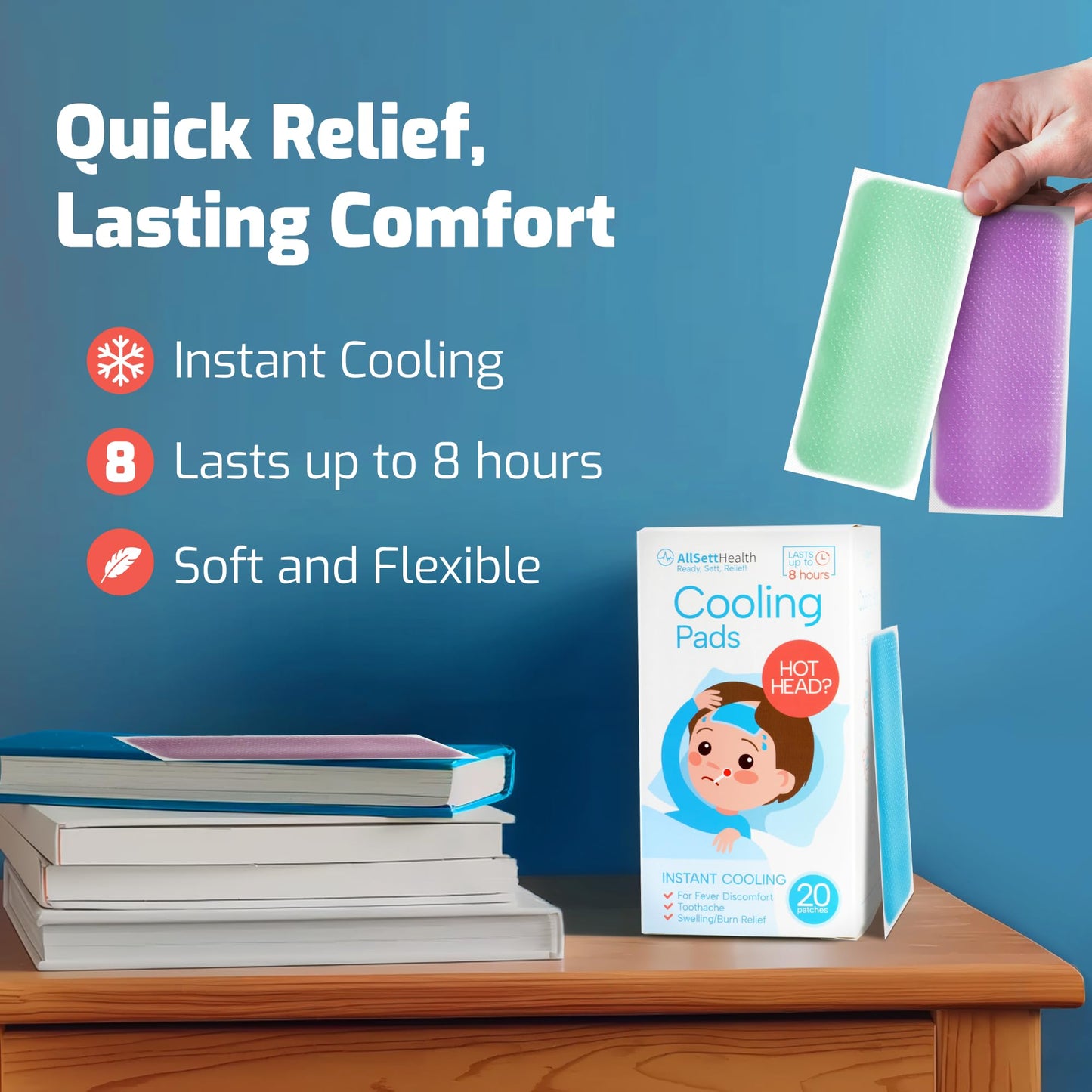 AllSett Health Cooling Patches for Kids – Minty Fever Patches (20 Pack) | Gentle, Non-Toxic, On-The-Go Relief
