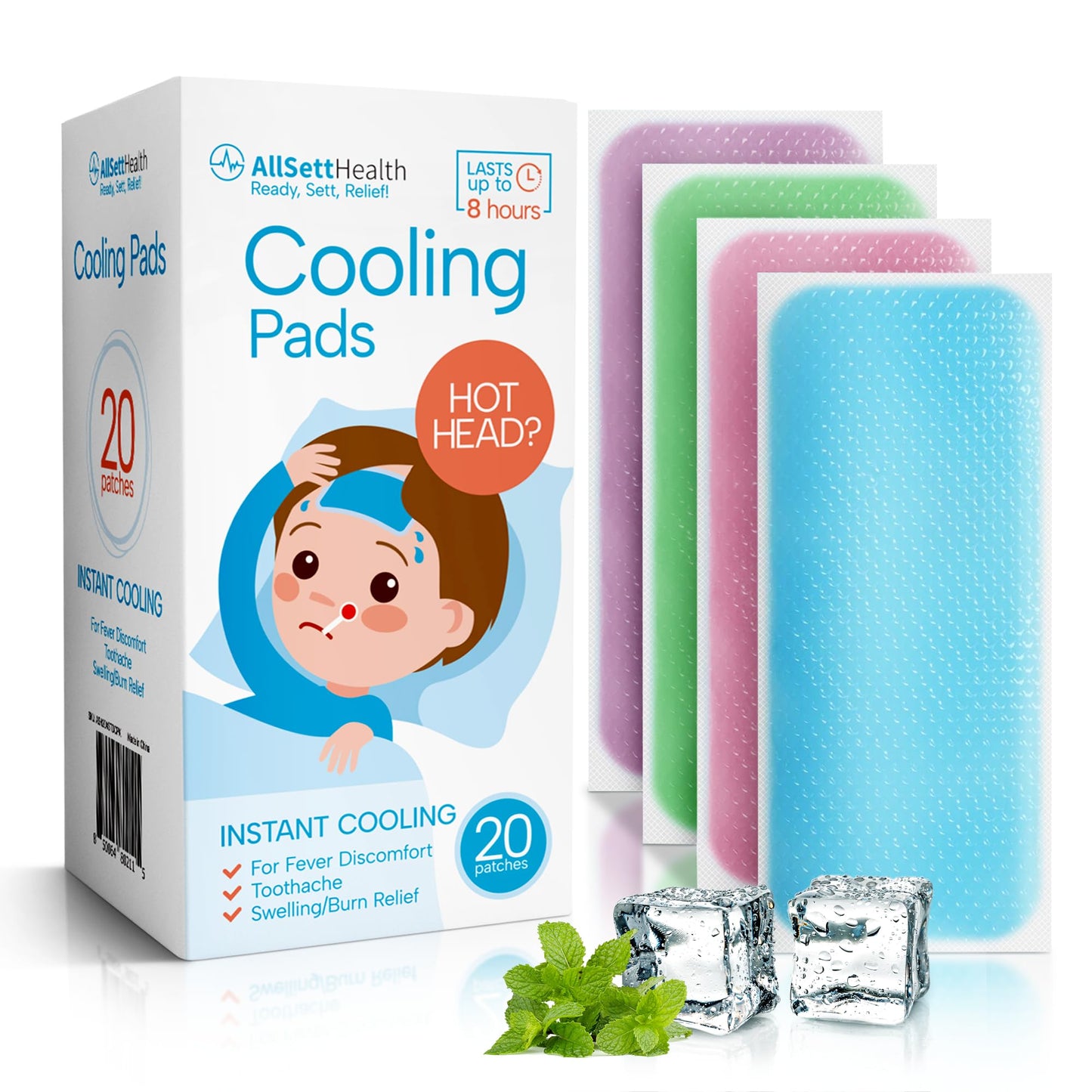 AllSett Health Cooling Patches for Kids – Minty Fever Patches (20 Pack) | Gentle, Non-Toxic, On-The-Go Relief