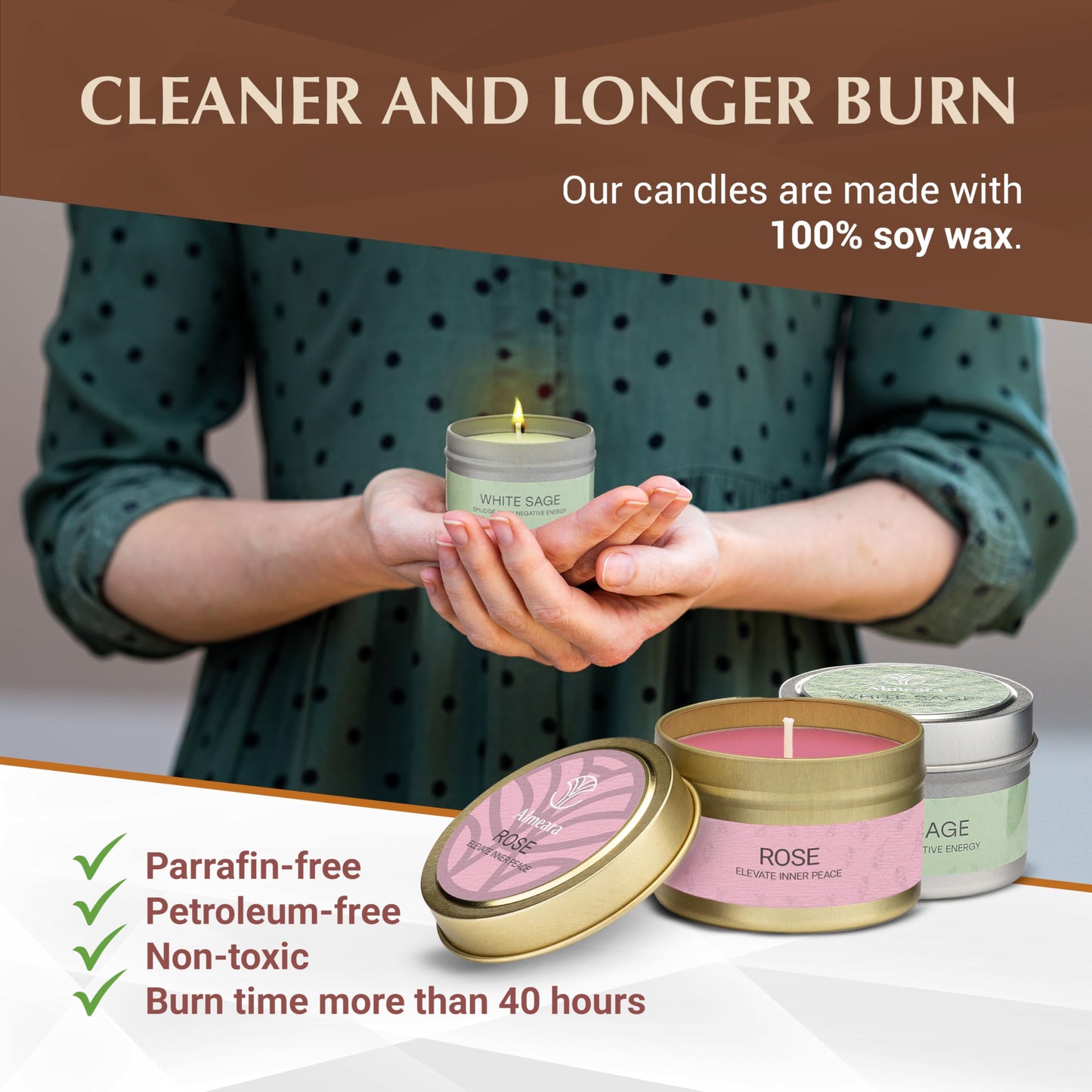 Almeara 2-in-1 Sage & Rose Candle Set – 40h Soy Wax, Paraffin-Free
