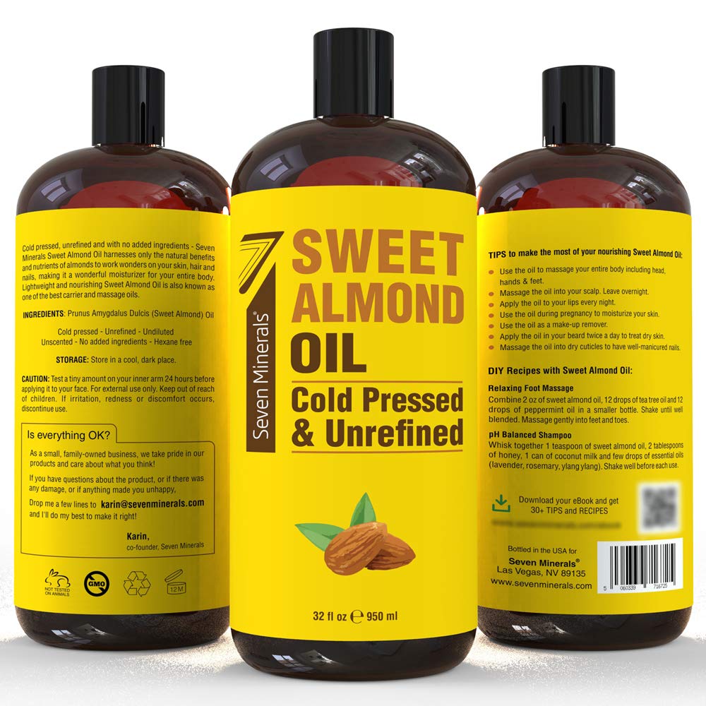 Seven Minerals Pure Cold Pressed Sweet Almond Oil – 32 oz Unrefined Carrier Oil for Skin & Hair