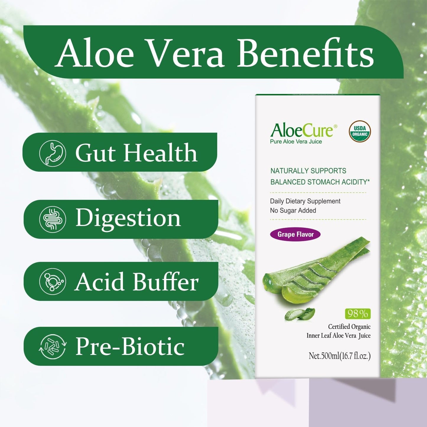 AloeCure USDA Organic Aloe Vera Juice - Grape Flavor, 16.7oz