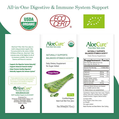AloeCure USDA Organic Aloe Vera Juice – Grape Flavor, 16.7oz x 2 Bottles | Digestive & Immune Support