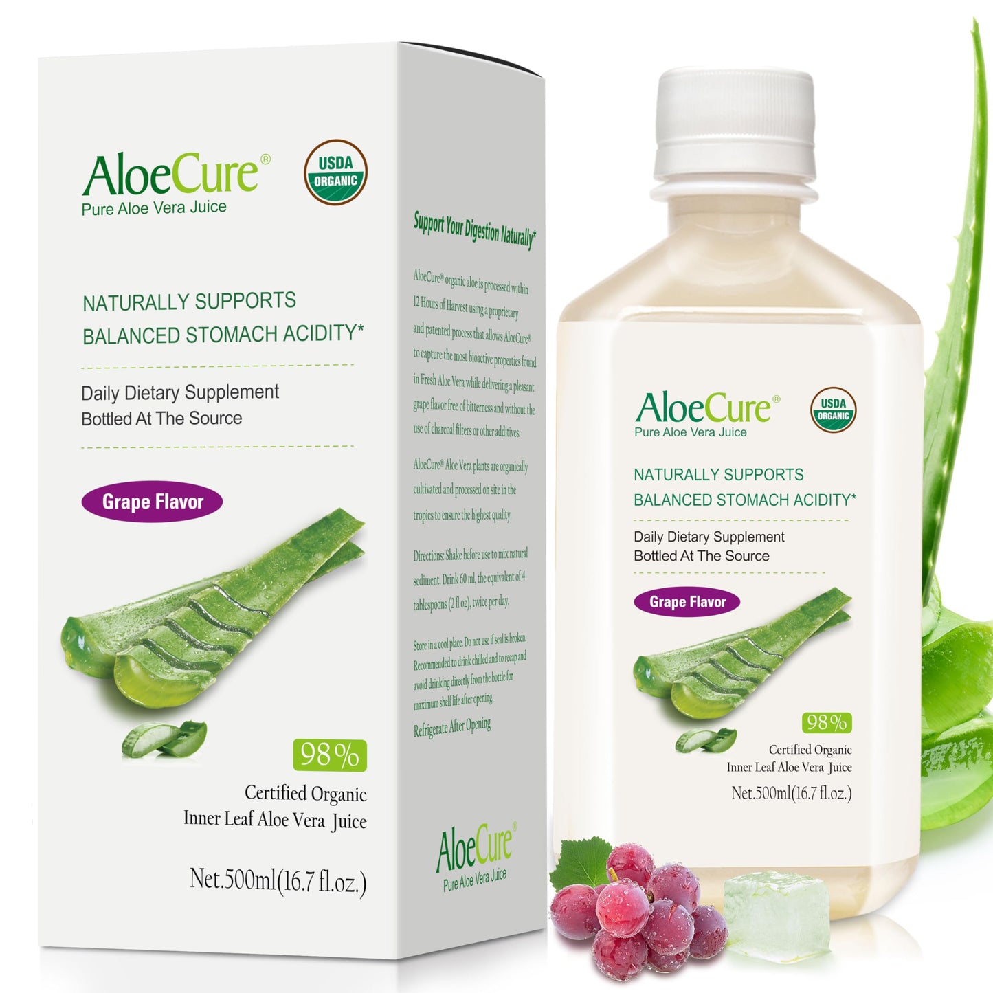 AloeCure USDA Organic Aloe Vera Juice - Grape Flavor, 16.7oz