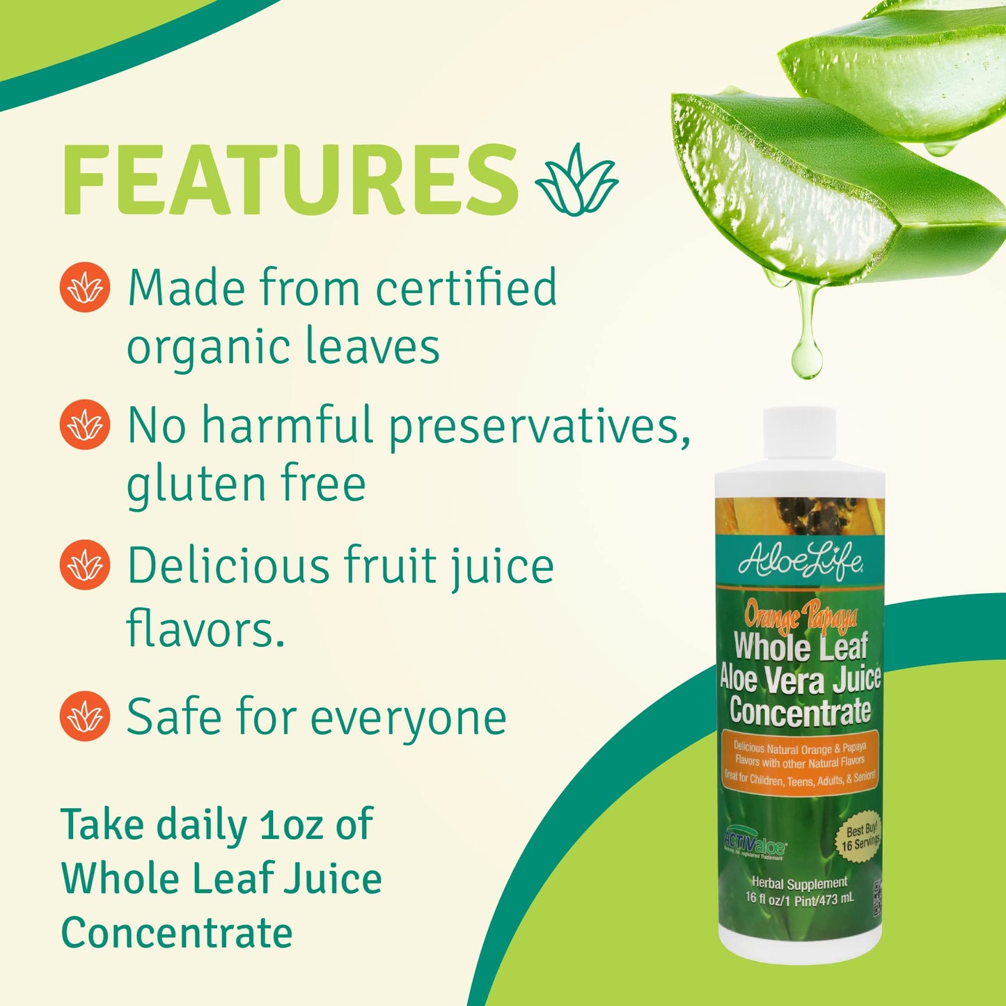 Aloe Life - Whole Leaf Aloe Vera Juic, Certified Organic, Gluten-Free (Orange Papaya, 16 oz)