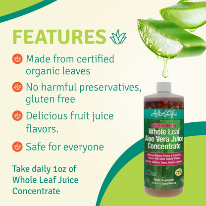 Aloe Life Whole Leaf Aloe Vera Juice – Certified Organic, Gluten-Free (Cherry Berry, 32 oz)
