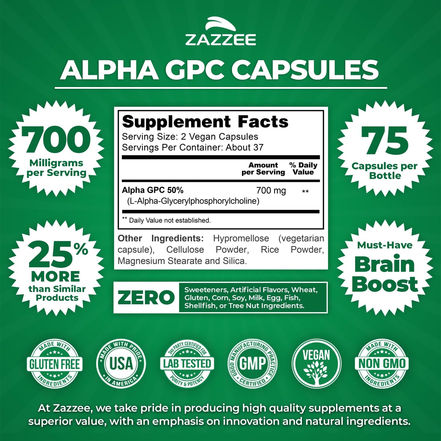 Zazzee Alpha GPC Choline 700 mg - 75 Vegan Capsules | Pharmaceutical Grade