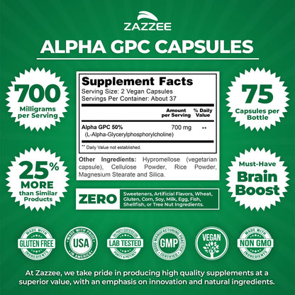 Zazzee Alpha GPC Choline 700 mg - 75 Vegan Capsules | Pharmaceutical Grade