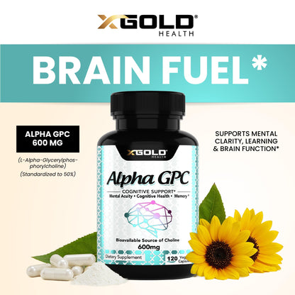 Alpha GPC Choline 600mg - Nootropic Brain Health & Focus, 120 Veggie Capsules