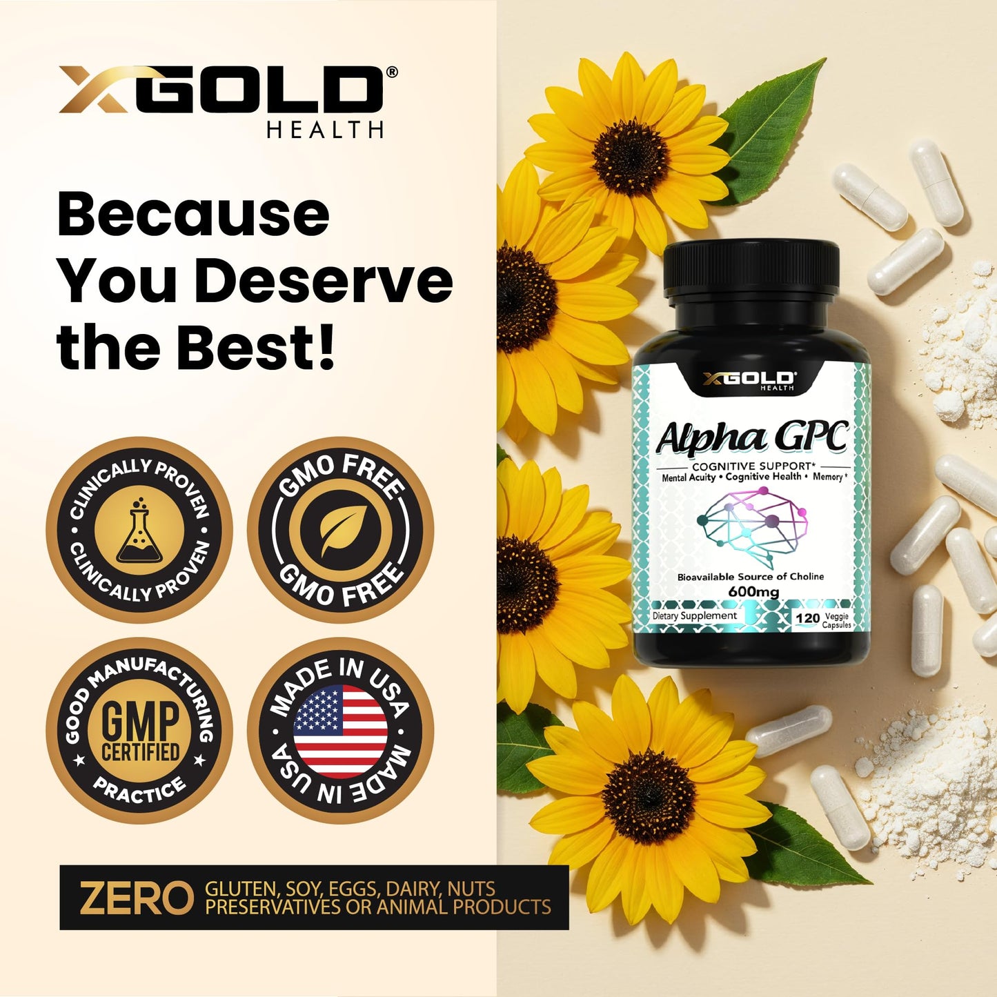 Alpha GPC Choline 600mg - Nootropic Brain Health & Focus, 120 Veggie Capsules