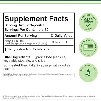 Alpha GPC Choline Brain Supplement - 60 Count, 600mg Servings | Double Wood