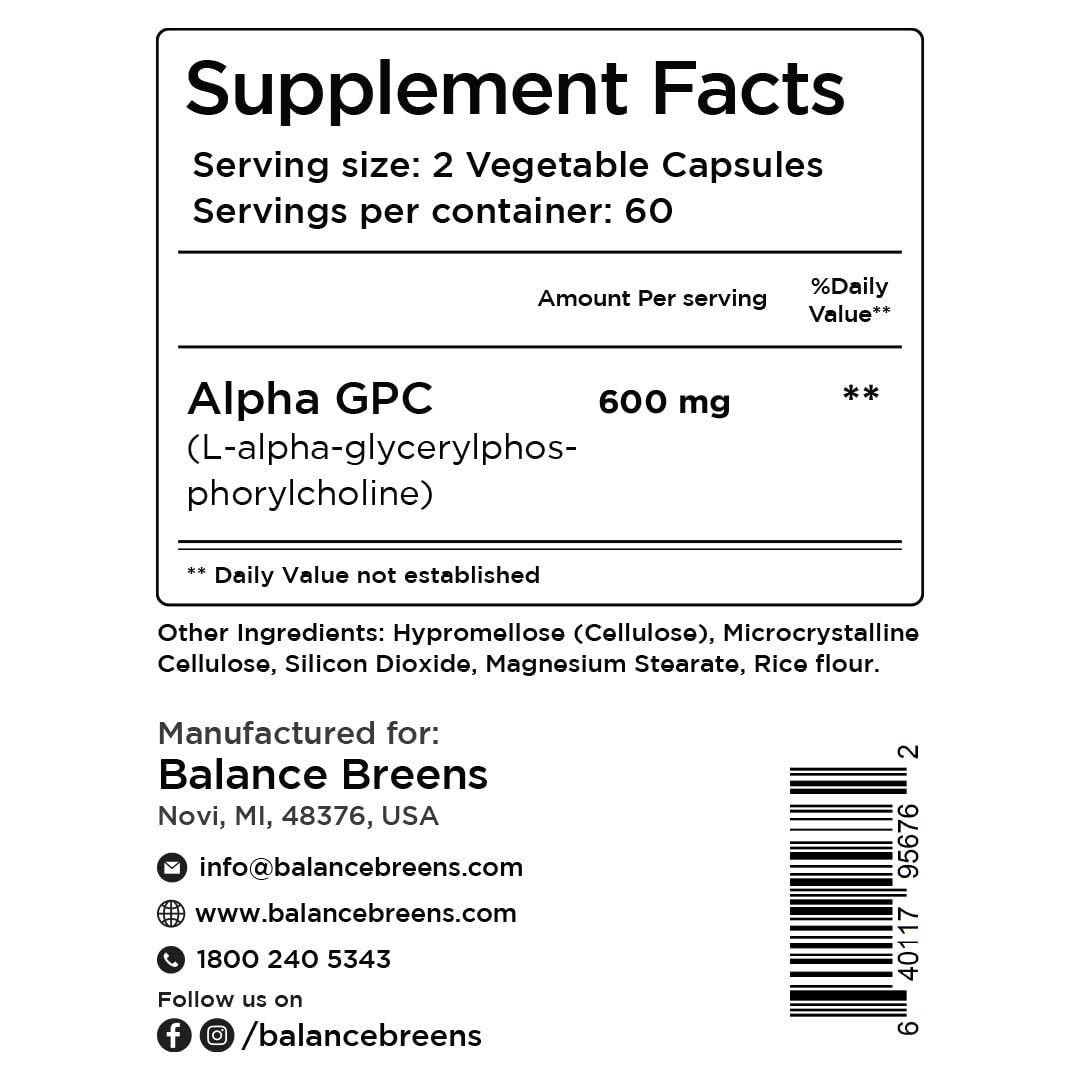 Alpha GPC Choline Supplement 600mg - 120 Veg Capsules | Advanced Memory Formula & Nootropic Brain Support