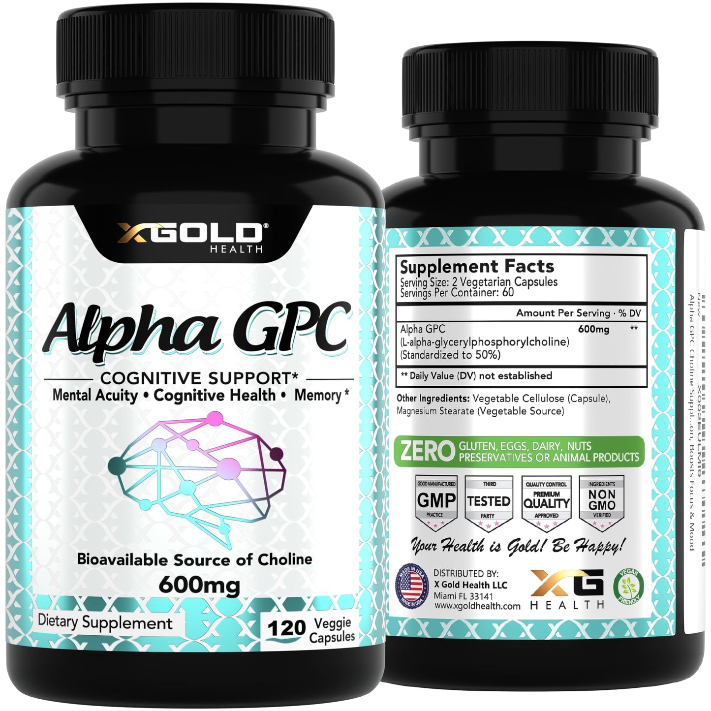 Alpha GPC Choline 600mg - Nootropic Brain Health & Focus, 120 Veggie Capsules
