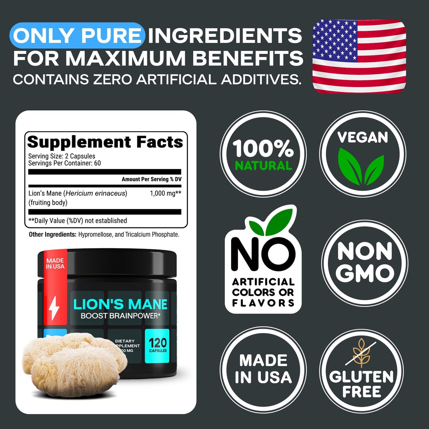 Lion’s Mane 1000mg Capsules – Organic Mushroom Complex with Alpha GPC | Vegan, Gluten-Free | Melena de León Orgánico 120 Capsules