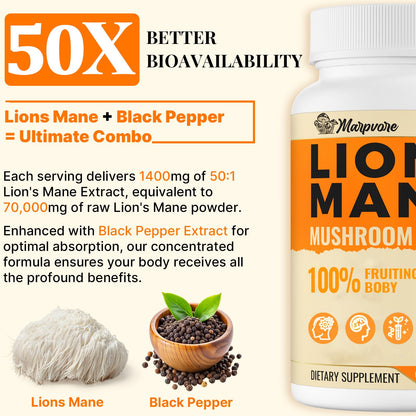 50X Strength Lions Mane 1400mg | Memory & Focus Brain Supplement - 60 Capsules