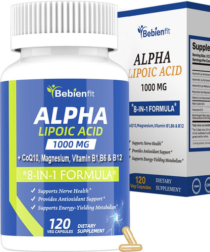 Alpha Lipoic Acid 1000mg with Magnesium Glycinate – Neuropathy Support, CoQ10 & B Vitamins – Gluten-Free Vegan 120 Caps