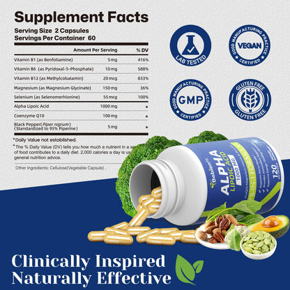 Alpha Lipoic Acid 1000mg with Magnesium Glycinate – Neuropathy Support, CoQ10 & B Vitamins – Gluten-Free Vegan 120 Caps