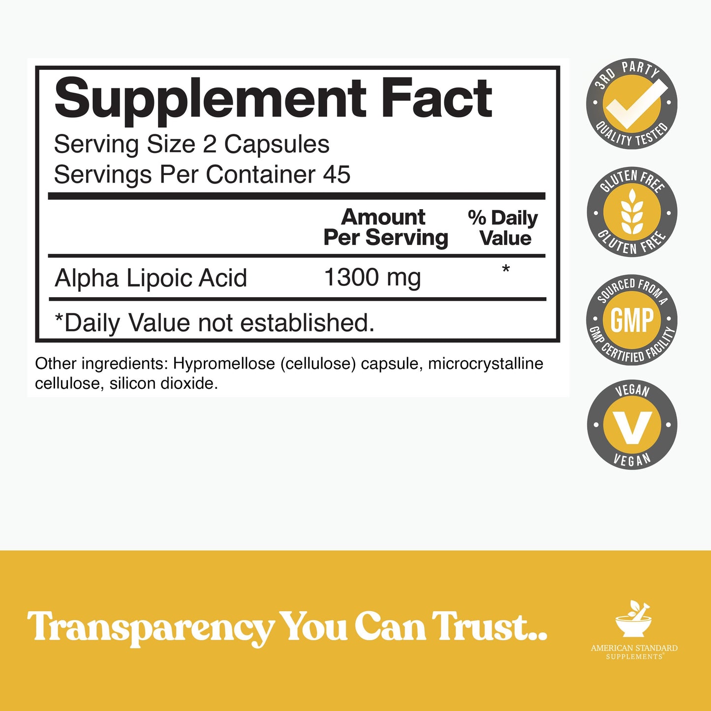 American Standard Alpha Lipoic Acid 1300mg per Serving - 90 Capsules, Pack of 2