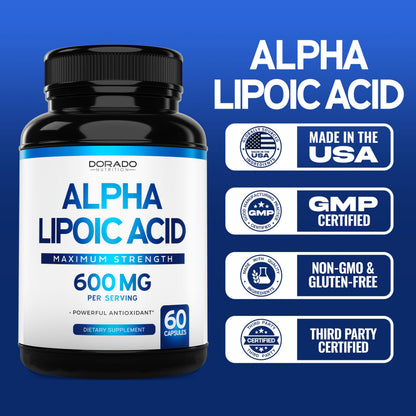 Alpha Lipoic Acid 600mg - 60 Capsules (Pack of 2) | USA Made, Non-GMO, Gluten Free