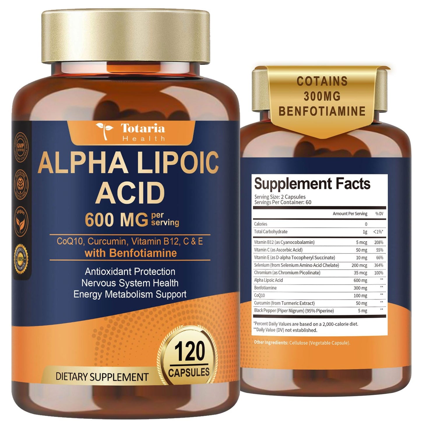 Alpha Lipoic Acid 600mg with Benfotiamine 300mg – Nerve Health & Antioxidant Support (120 Veg Caps)