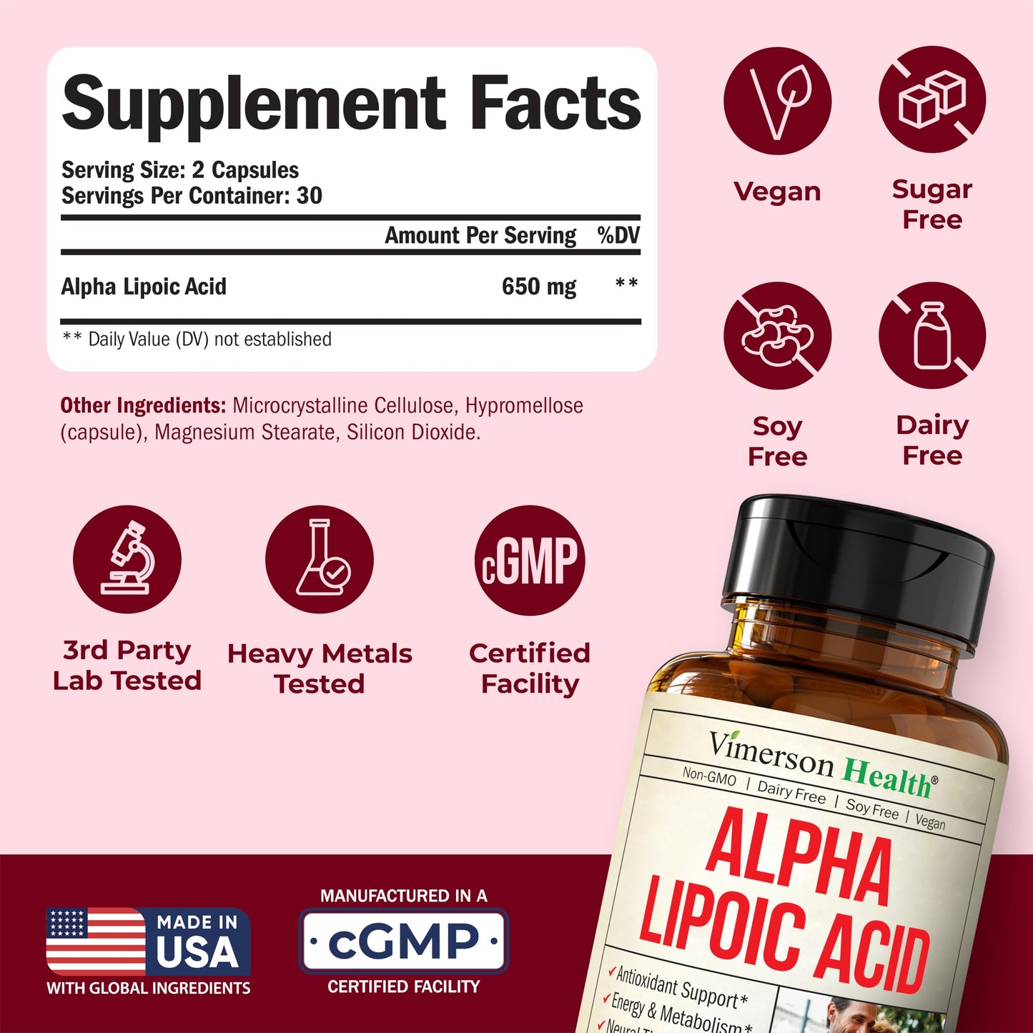 Alpha Lipoic Acid 650mg – High Potency ALA Supplement for Nerve & Brain Health | Vegan & Non-GMO | 60 Capsules