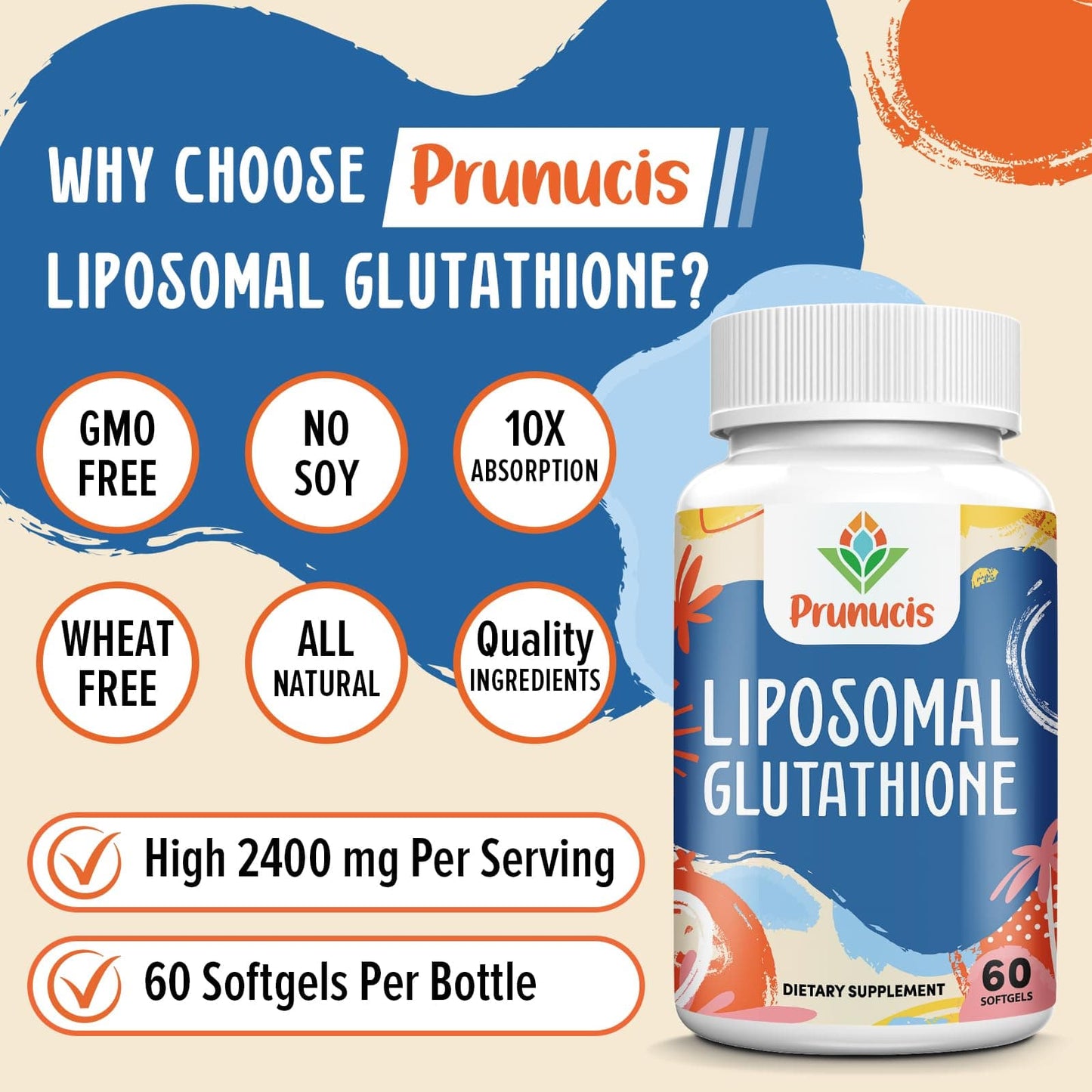 Prunucis 2400mg Liposomal Glutathione with Vitamin C, Milk Thistle & Alpha-Lipoic Acid – 240 Softgels