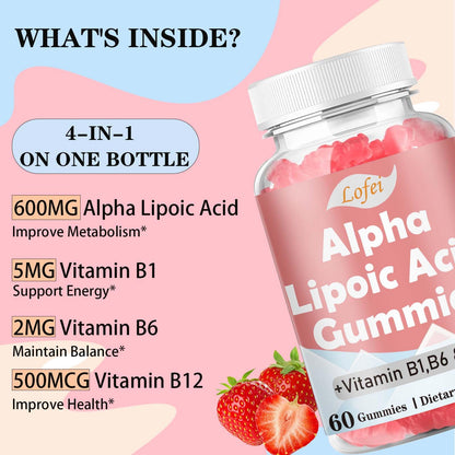 Alpha Lipoic Acid Gummies 600mg with Vitamin B1 B6 & B12 – Sugar Free, Vegan, Gluten-Free, Non-GMO | Raspberry Flavor, 60 Gummies