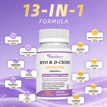 13-in-1 Myo-Inositol & D-Chiro Inositol for Women – PCOS, Hormonal Balance, 40:1 Ratio, 120 Veg Caps