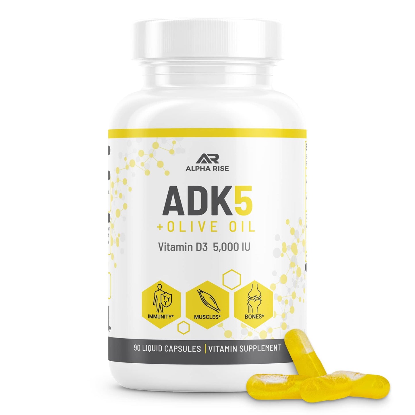 ALPHA RISE ADK Vitamin Supplement + Olive Oil for Better Absorption | ADK 5 Supplement with Vitamin A D and K | 5000 iu of Vitamin D3 + K2 (MK7+MK4) | 90 Liquid Capsules | Vegetarian | Non-GMO