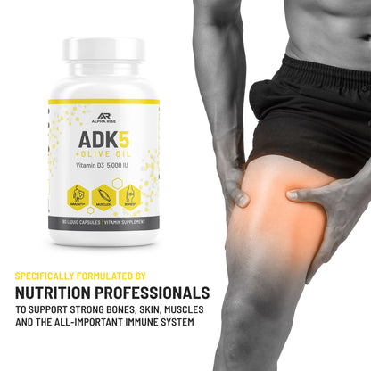 ALPHA RISE ADK Vitamin Supplement + Olive Oil for Better Absorption | ADK 5 Supplement with Vitamin A D and K | 5000 iu of Vitamin D3 + K2 (MK7+MK4) | 90 Liquid Capsules | Vegetarian | Non-GMO