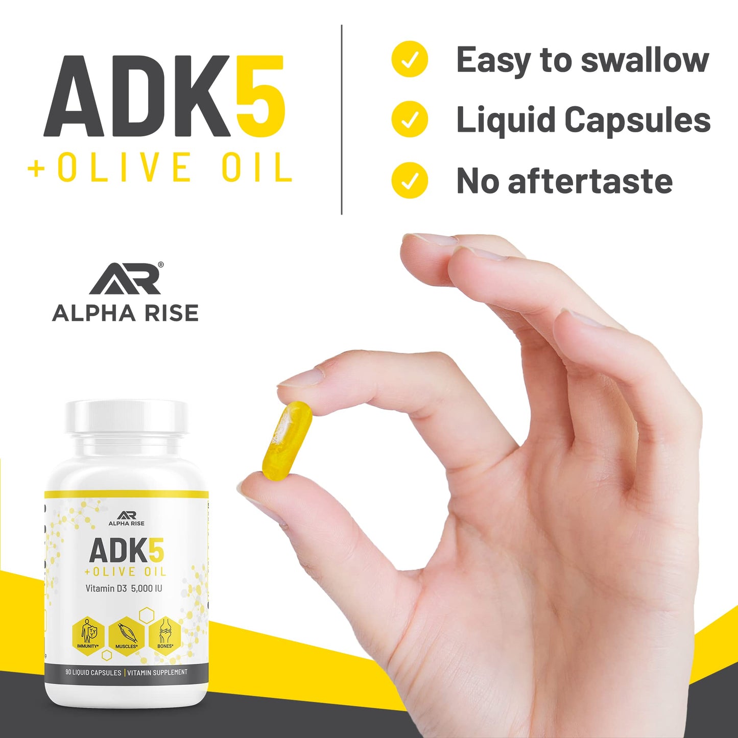ALPHA RISE ADK Vitamin Supplement + Olive Oil for Better Absorption | ADK 5 Supplement with Vitamin A D and K | 5000 iu of Vitamin D3 + K2 (MK7+MK4) | 90 Liquid Capsules | Vegetarian | Non-GMO
