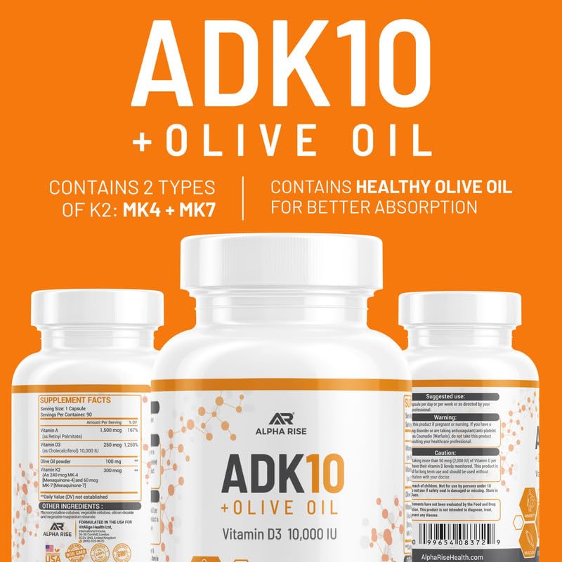 ALPHA RISE ADK10 Vitamin with Olive Oil – D3 10,000 IU, A, K2 MK7/MK4 – 90 Veg Capsules