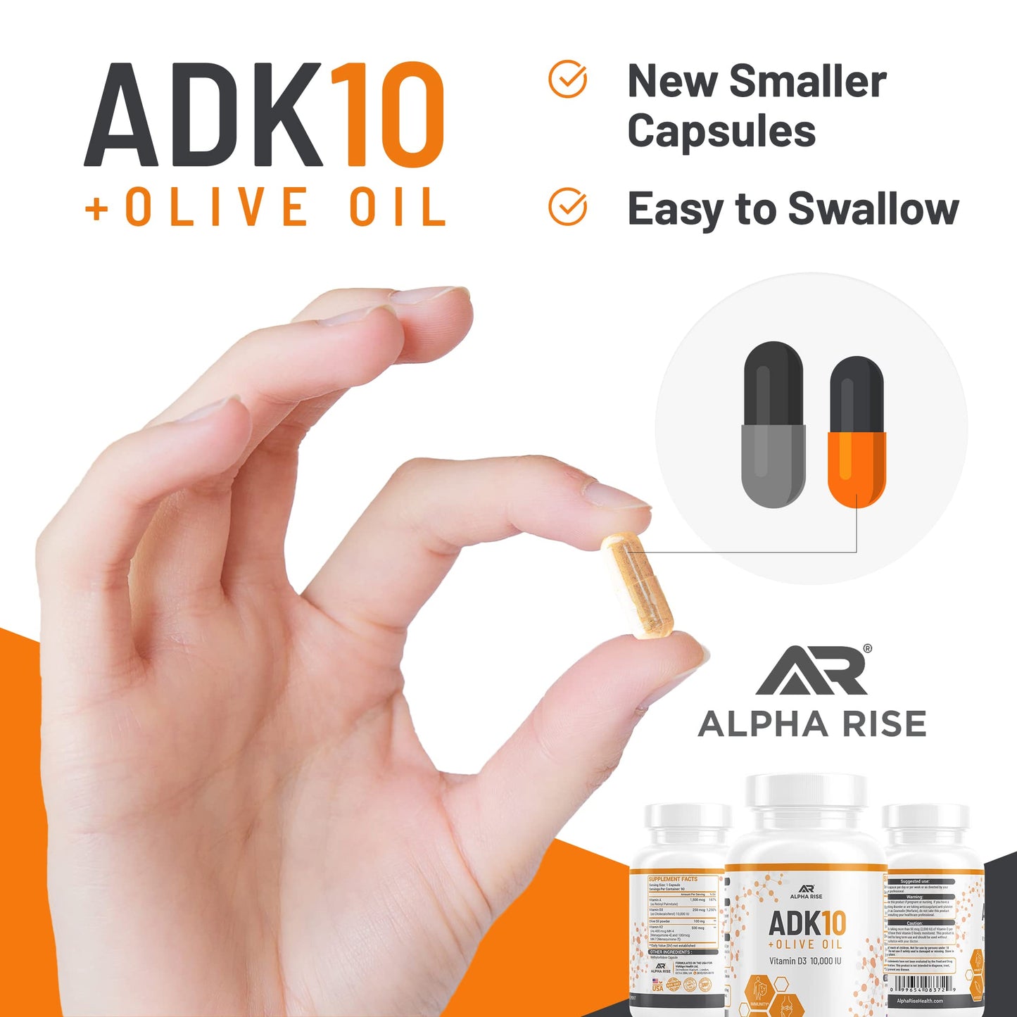 ALPHA RISE ADK10 Vitamin with Olive Oil – D3 10,000 IU, A, K2 MK7/MK4 – 90 Veg Capsules