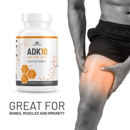 ALPHA RISE ADK10 Vitamin with Olive Oil – D3 10,000 IU, A, K2 MK7/MK4 – 90 Veg Capsules