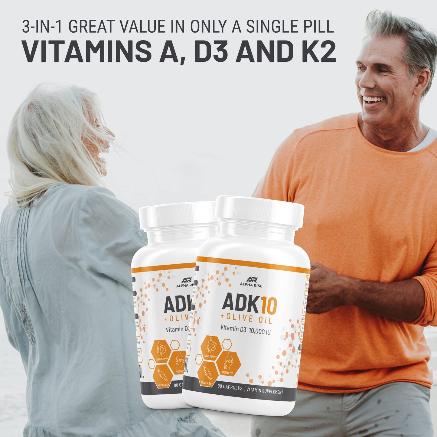 ALPHA RISE ADK10 Vitamin with Olive Oil – D3 10,000 IU, A, K2 MK7/MK4 – 90 Veg Capsules