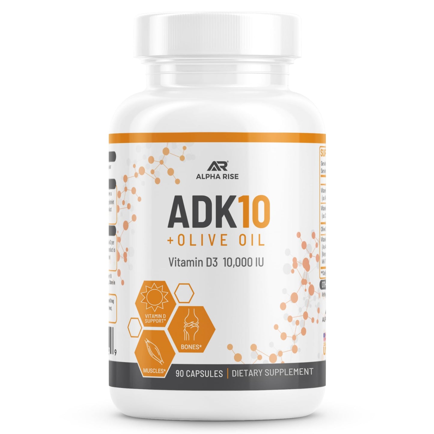 ALPHA RISE ADK10 Vitamin with Olive Oil – D3 10,000 IU, A, K2 MK7/MK4 – 90 Veg Capsules