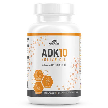 ALPHA RISE ADK10 Vitamin with Olive Oil – D3 10,000 IU, A, K2 MK7/MK4 – 90 Veg Capsules
